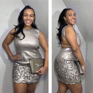BCBGMaxAzria silver backless cocktail dress open back formal sexy gown birthday